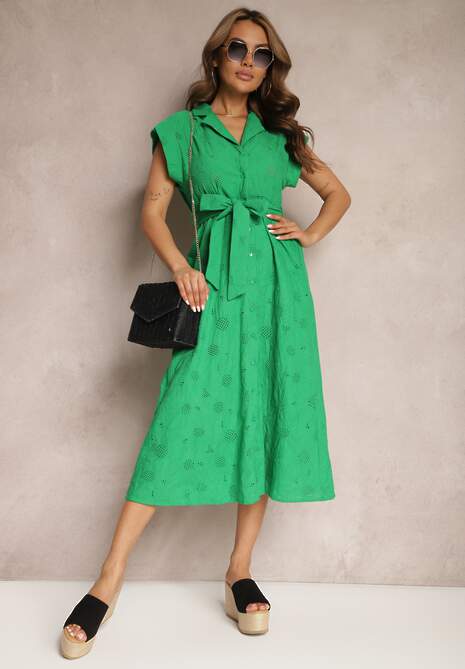 Zielona Sukienka z Bawełny o Haftowanym Wykończeniu z Paskiem w Talii i Guzikami Kiojena