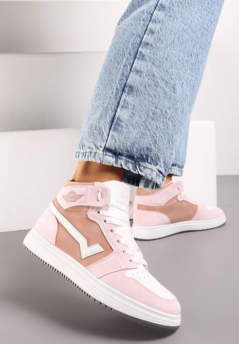 Różowo-Białe Wysokie Sneakersy na Płaskiej Podeszwie Ozdobione Przeszyciami Biacara