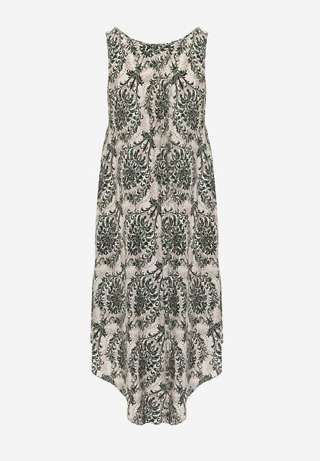 Beżowo-Zielona Casualowa Sukienka z Bawełny o Rozkloszowanym Kroju Mellilla 7