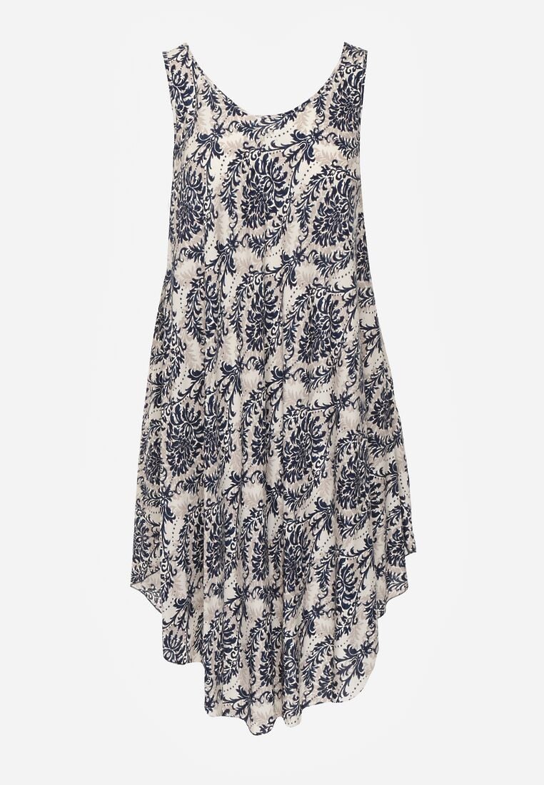 Beżowo-Granatowa Casualowa Sukienka z Bawełny o Rozkloszowanym Kroju Mellilla 6