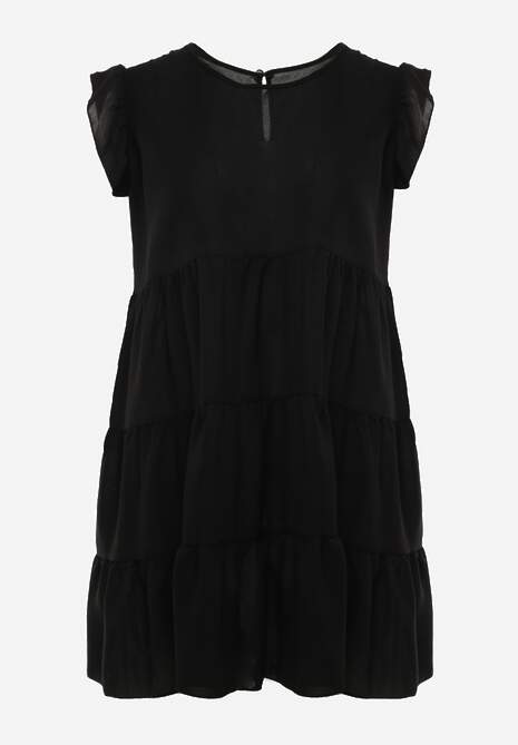 Rochie Neagră cu Mânecă Scurtă și Volane Decorative în Croi Evazat Vetesa 6