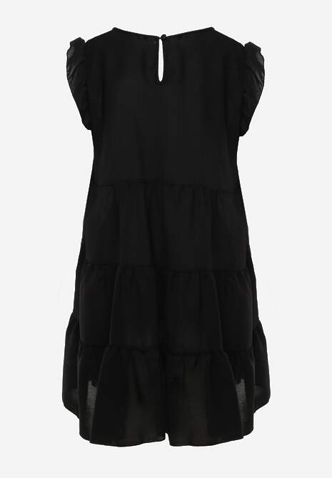 Rochie Neagră cu Mânecă Scurtă și Volane Decorative în Croi Evazat Vetesa 7