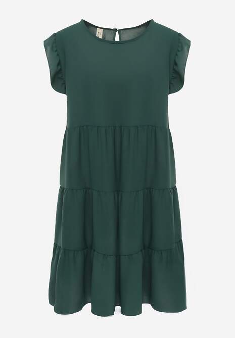 Rochie verde închis cu mânecă scurtă și volane decorative în stil evazat Vetesa 6