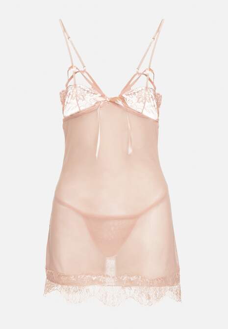 Set Pijama Roz din Plasă Cămașă de Noapte Halat Stringi Liamara 6