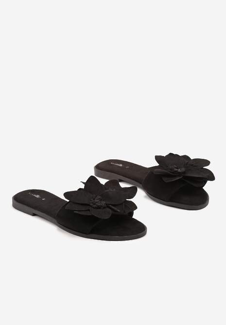 Papuci Negri din Catifea Ecologica cu Talpa Joasa si Floare Decorativa Ellesara 5