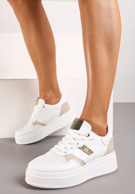 Biało-Złote Sneakersy z Ekoskóry za Kostkę ze Sznurowaniami Zdobione Perforacją Raviana