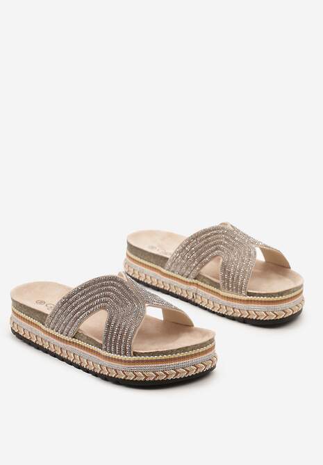 Bej Șlapi Platforma din Imitatie de Camosu Natural cu Impletitura si Pietre Strass Ploen 5