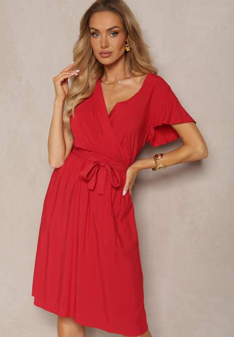 Czerwona Rozkloszowana Sukienka Midi z Wiązanym Paskiem Elemia