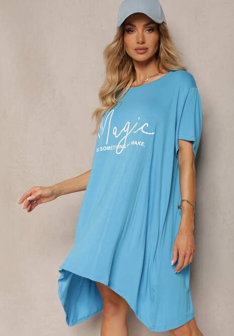 Niebieska Asymetryczna Sukienka Tunika z Wiskozy Ozdobiona Napisem Fiatta