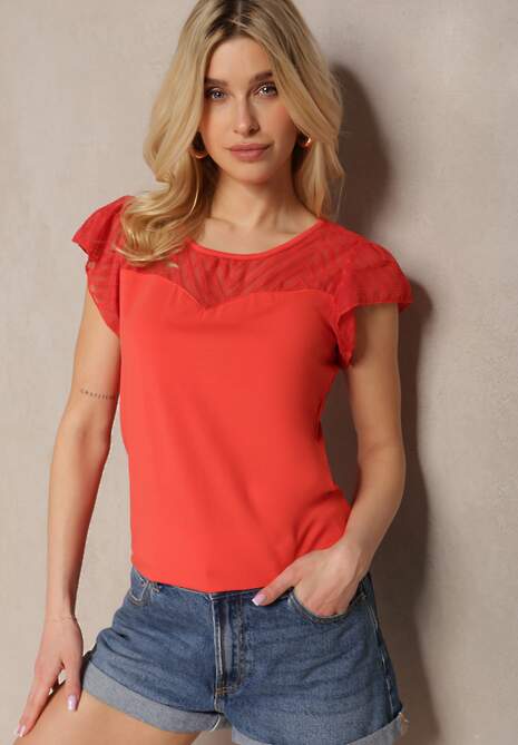 Czerwony Elegancki T-shirt Bluzka z Bawełny z Przezroczystymi Wstawkami Biopara