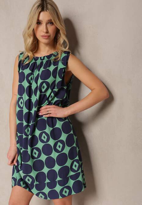 Granatowo-Zielona Pudełkowa Sukienka z Wiskozowej Tkaniny w Geometryczny Print Saloella