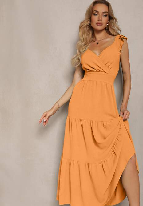 Pomarańczowa Sukienka z Kopertowym Dekoltem na Ramiączkach z Gumką w Pasie i Falbankami Ebiviana