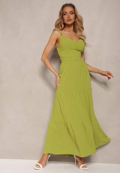 Zielona Sukienka na Ramiączkach z Regulacją z Gumką w Talii i Falbanką Faviara