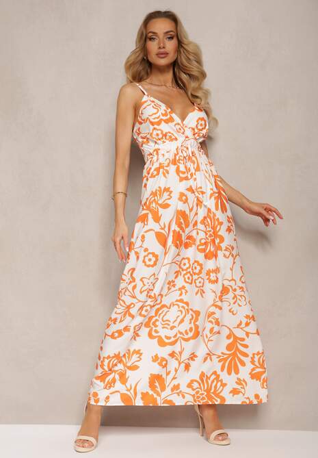 Pomarańczowa Sukienka z Gumkami na Plecach Ściągana w Talii z Regulowanymi Ramiączkami Falora