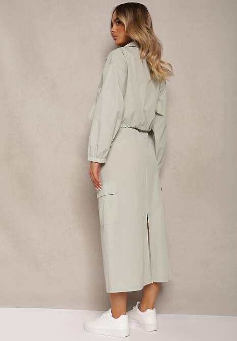 Miętowy Casualowy Komplet 2-Częściowy Rozpinana Bluza i Spódnica z Kieszeniami na Klapy Lennira 4