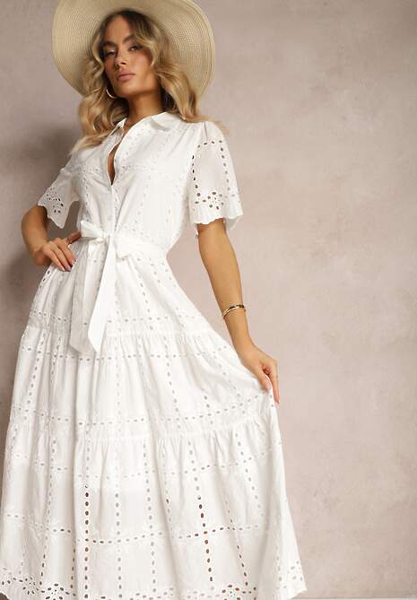 Biała Bawełniana Sukienka Ażurowa z Guzikami i Materiałowym Paskiem Mavara