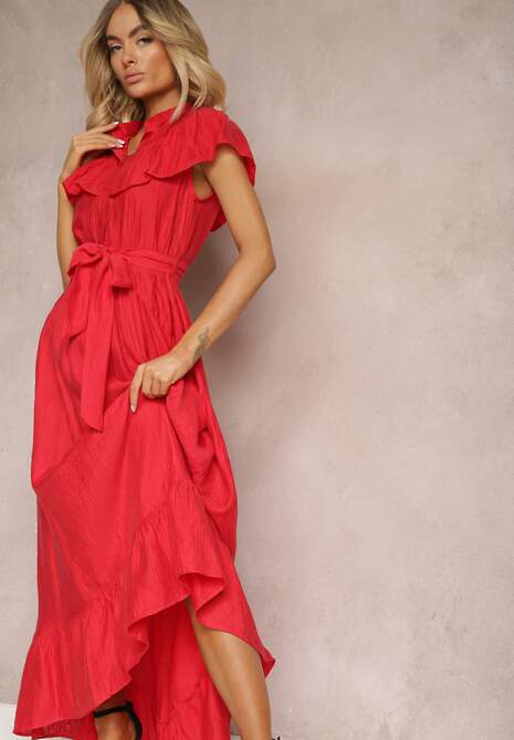 Czerwona Sukienka z Materiałowym Paskiem i Wiskozą Wykończona Guzikami i Falbanką Hanesi