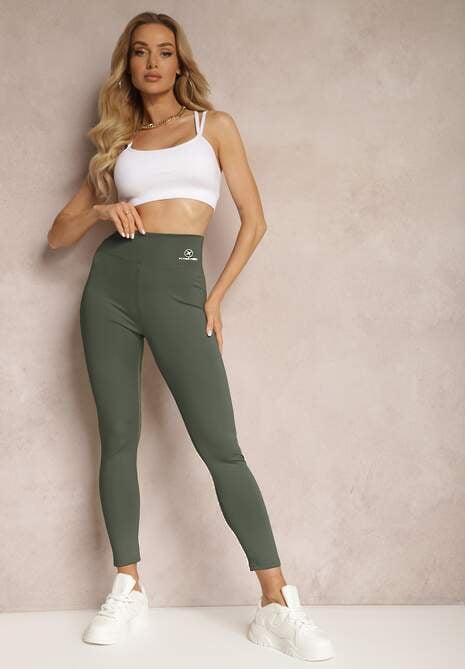 Ciemnozielone Legginsy High Waist z Gumką w Pasie Cloen