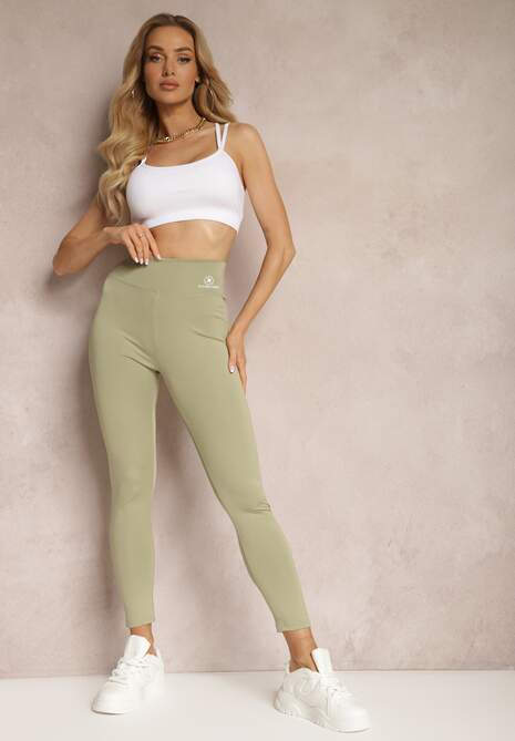 Zielone Legginsy High Waist z Gumką w Pasie Cloen