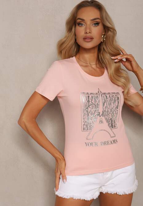 Tricou Roz Pal din Bumbac cu Croială Clasică și Imprimeu Metalic Timabell 4