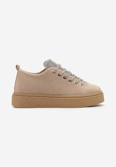Ciemnobeżowe Sneakersy na Platformie ze Sznurowaniem z Cyrkoniami Oziana 4