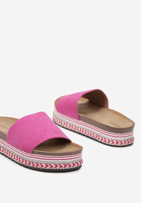Papuci fuchsia cu talpă groasă și branț din piele ecologică decorate cu ață metalică Manessi 6