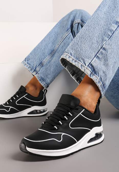 Czarno-Białe Sneakersy przed Kostkę z Podeszwą Typu Air z Imitacji Skóry Ialoella