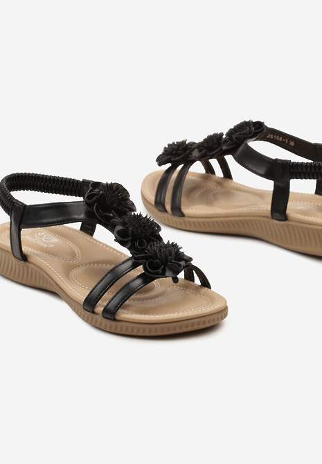 Negru Sandale Slip-On Talpă Plată Floare Decorativă Fietara 6