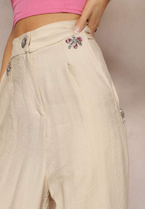 Beżowe Spodnie Typu High Waist Ozdobione Cyrkoniami Sajara 5
