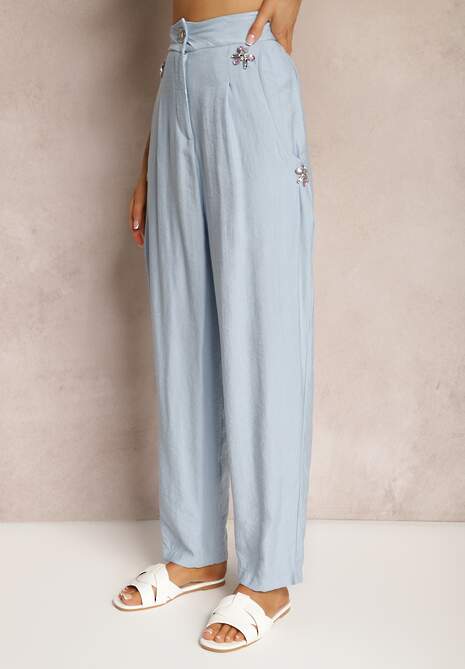 Niebieskie Spodnie Typu High Waist Ozdobione Cyrkoniami Sajara 4