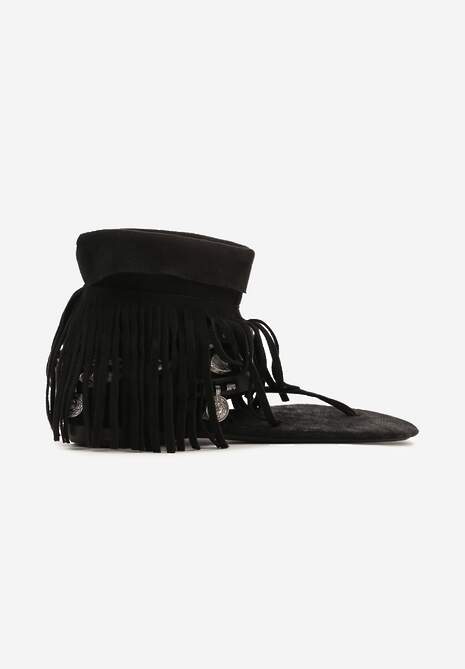 Sandale Negre Tip Japoneze Boho cu Carâmb Înalt cu Franjuri Effimay 4