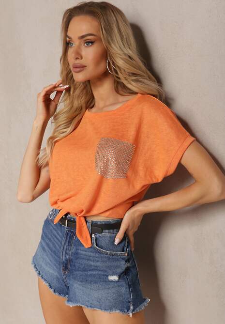 Pomarańczowy Casualowy T-shirt Ozdobiony Cyrkoniami i Wiązaniem Efika