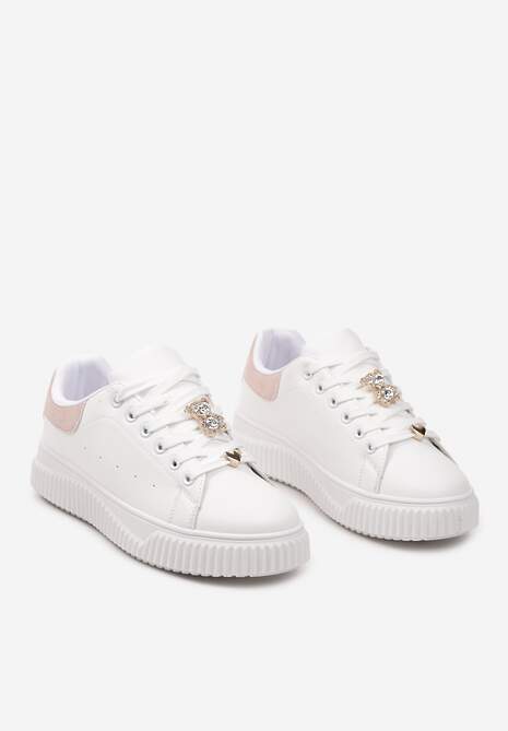 Sneakers Alb-Roz pe Platformă Joasă cu Inserție din Piele Întoarsă Ecologică și Ursuleț Auriu Nleona 5