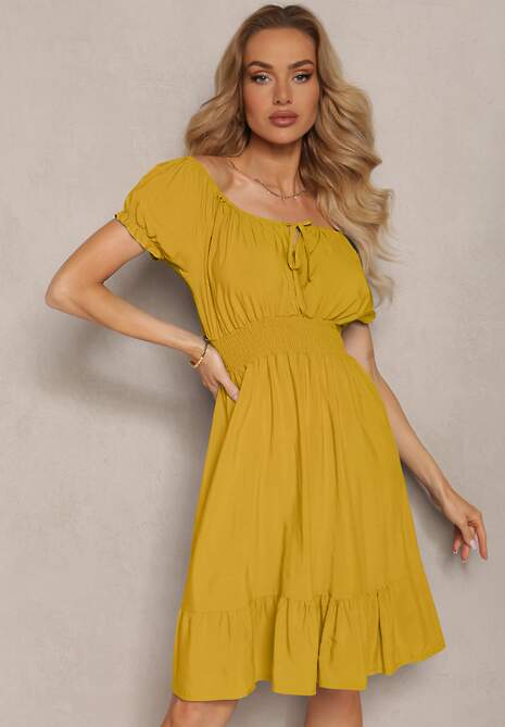 Żółta Sukienka z Wiskozy z Gumkami w Talii i Dekoltem ze Ściągaczem Tiimazela
