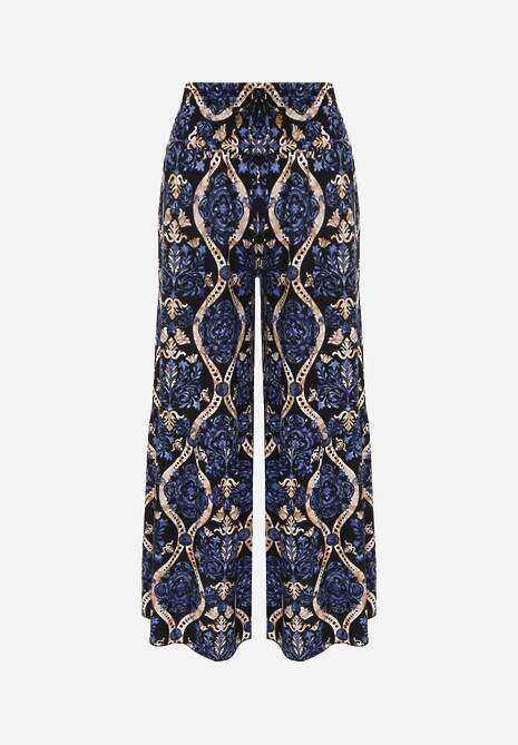 Czarno-Granatowe Spodnie Szerokie z Wiskozy w Ornamentalny Wzór High Waist Cramelia 6