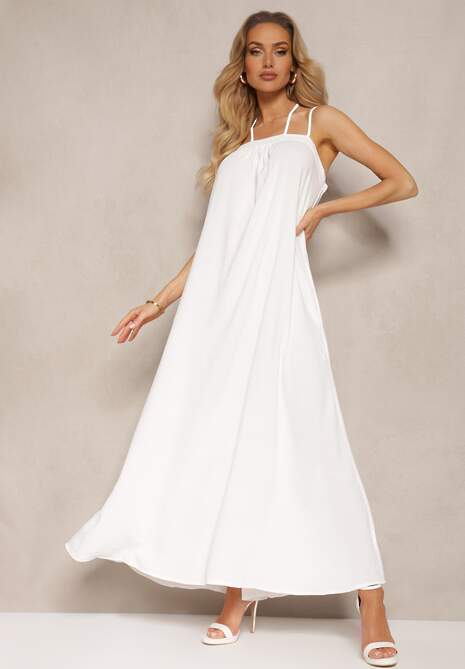 Biała Sukienka z Regulowanymi Ramiączkami i Wiązaniem przy Szyi Qloenma