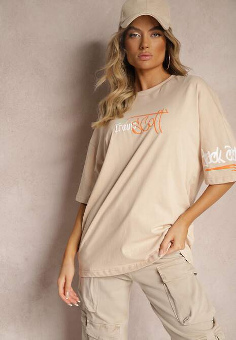 Beżowa Koszulka T-shirt Oversize z Nadrukiem z Elastycznej Bawełny Taralise 4