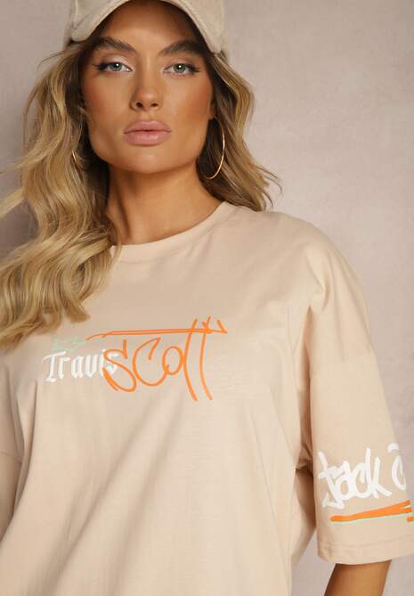 Beżowa Koszulka T-shirt Oversize z Nadrukiem z Elastycznej Bawełny Taralise 5