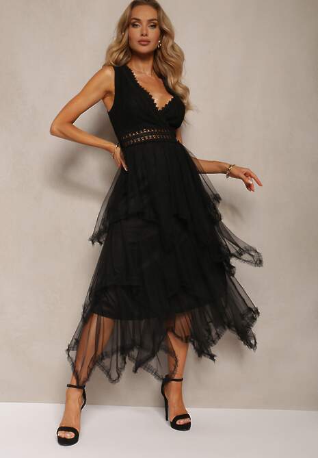 Czarna Asymetryczna Sukienka Kopertowa z Wiązaniem na Plecach Driolla