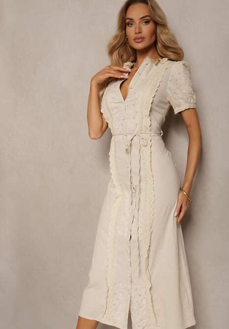 Rochie din Bumbac Bej Deschis cu Curea Decorată cu Dantelă Virona 4