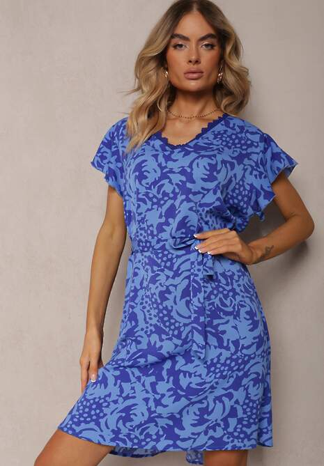 Rochie bleumarin în cutie cu model ornamental cu curea și inserție din dantelă Ceviana 4