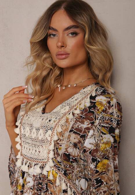 Rochie bej-negru boho din viscoză decorată cu dantelă și ciucuri Giorna 5