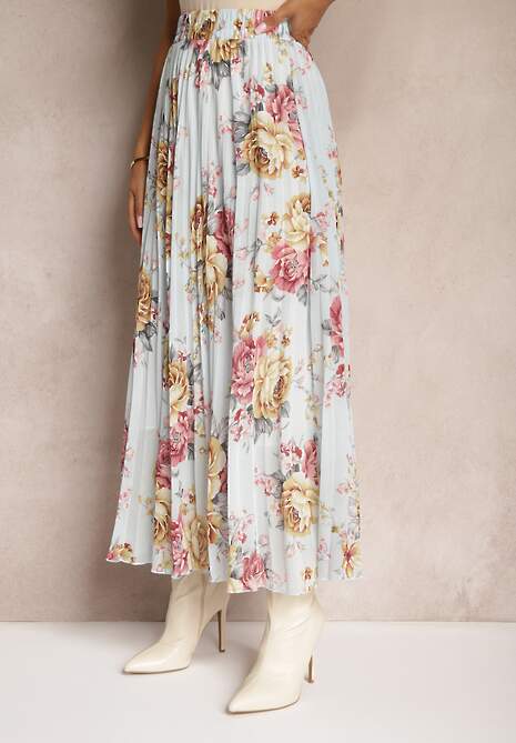 Fusta Pliuri Albastru-Roz High Waist cu Elastic in Talie Ollila 4