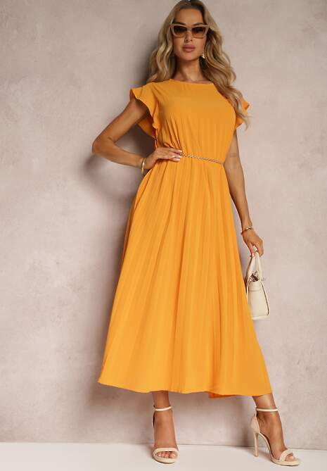 Pomarańczowa Rozkloszowana Sukienka z Plisowaniem i Krótkim Rękawem Hevina