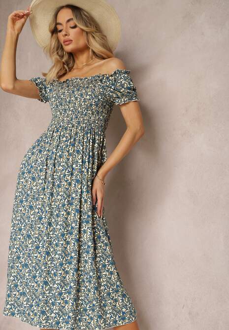 Niebieska Wiskozowa Sukienka w Kwiaty z Gumką w Talii i Marszczonym Dekoltem Poppysun