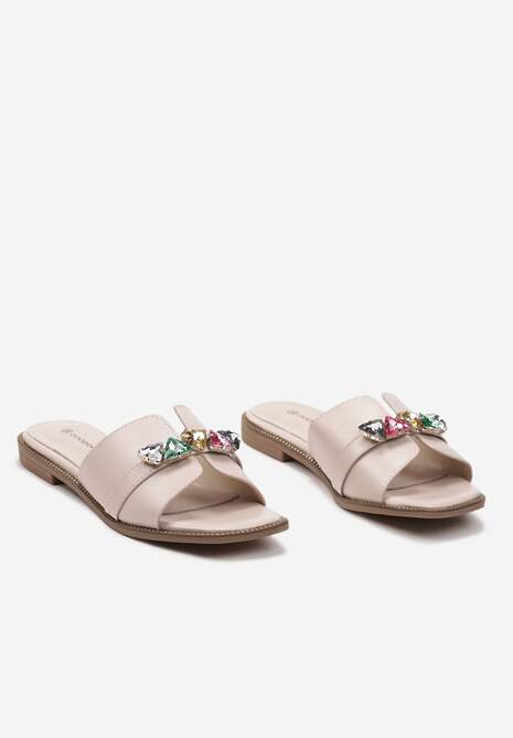 Bej Pantofi fără Toc cu Brant din Piele Naturală cu Pietre Strass Elolla 5