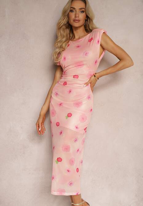 Rochie Roz Woneria Cu Imprimeu Floral Din Plasă Cu Croială Cambrată 4