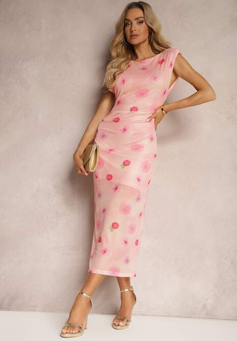 Różowa Sukienka w Kwiatowy Print z Siateczki o Dopasowanym Fasonie Woneria