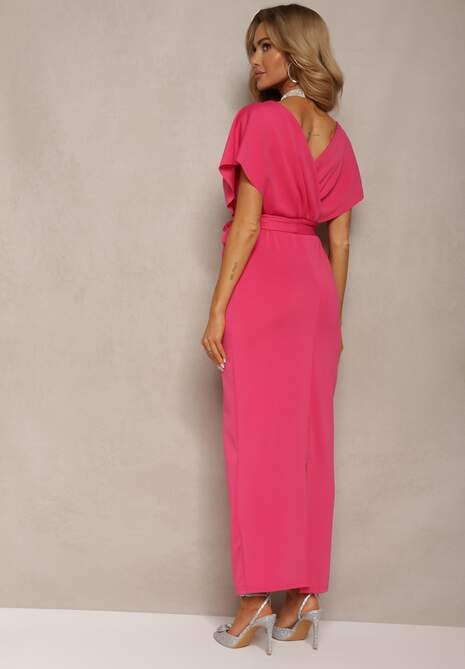 Rochie de Cocktail Fucsia cu Decolteu Triunghiular și Curea din Material cu Șliț Wilni 4