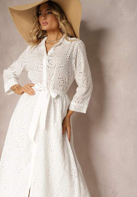 Biała Bawełniana Sukienka Koszulowa z Koronki Zapinana na Guziki z Materiałowym Paskiem Clola